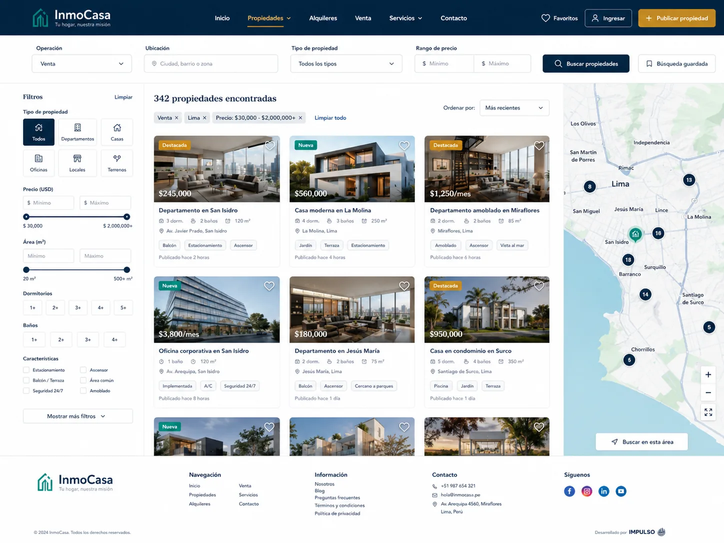 Listado de propiedades con filtros y mapa